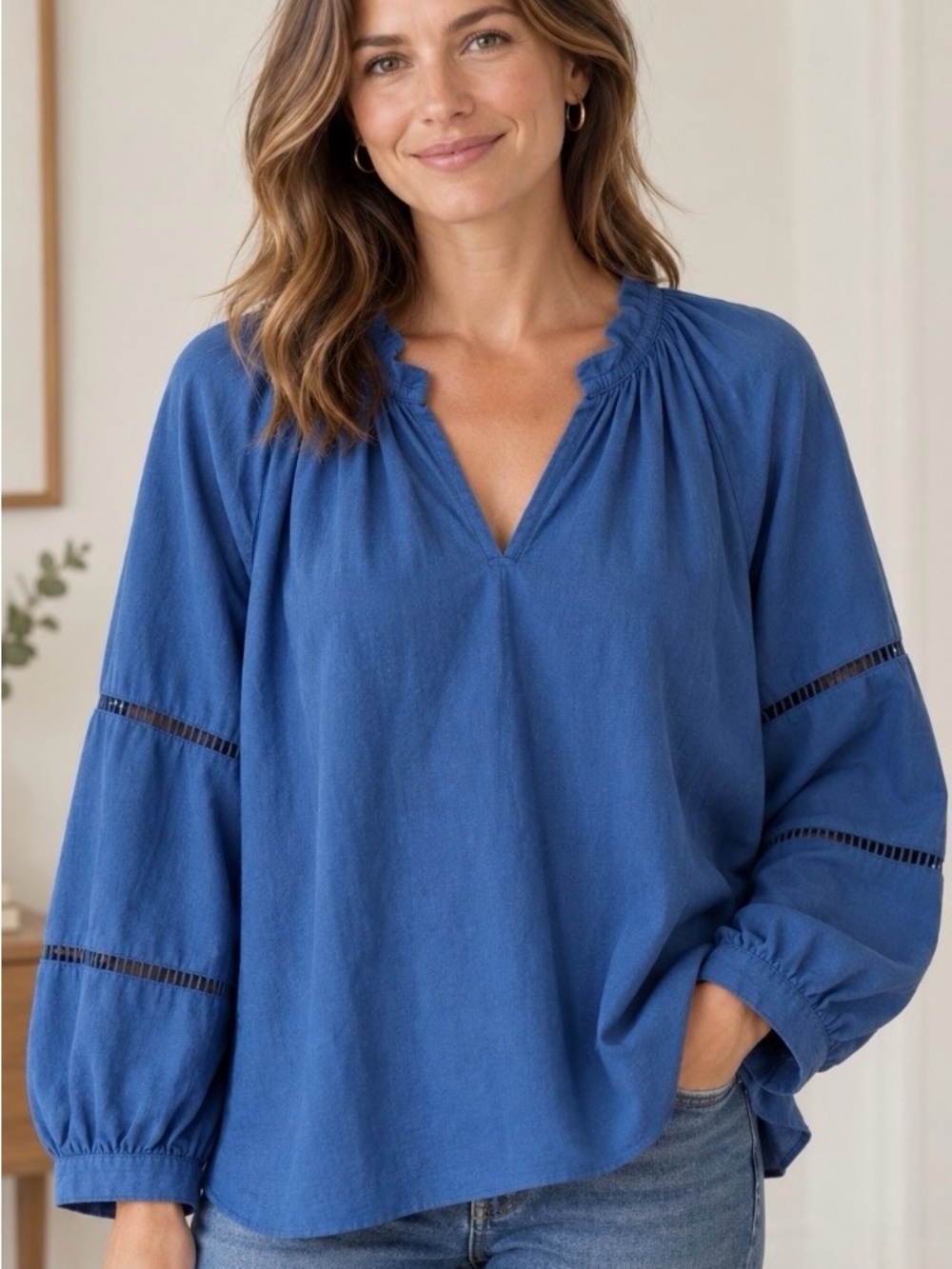 LOFT Indigo Blue V-Neck Peasant Blouse